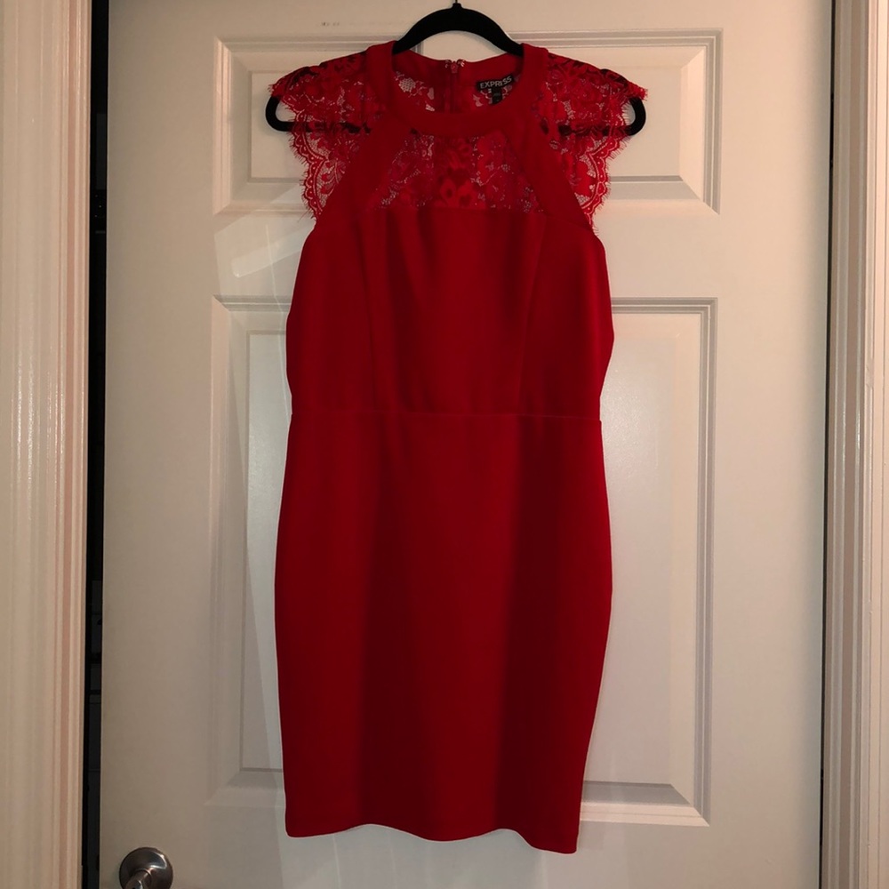 Express Red Sleeveless Lace Yoke Dress